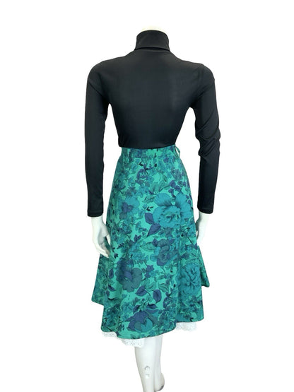 VTG 60S 70S BLUE GREEN WHITE FLORAL LACE ELASTICATED WAIST CIRCLE SKIRT 12