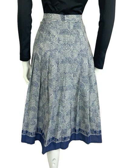 VTG 60S 70S NAVY BLUE GREY LEAFY TREE PLEATED A LINE SECRETARY MIDI SKIRT 10