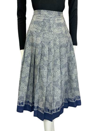 VTG 60S 70S NAVY BLUE GREY LEAFY TREE PLEATED A LINE SECRETARY MIDI SKIRT 10