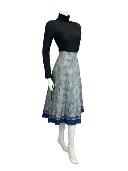 VTG 60S 70S NAVY BLUE GREY LEAFY TREE PLEATED A LINE SECRETARY MIDI SKIRT 10