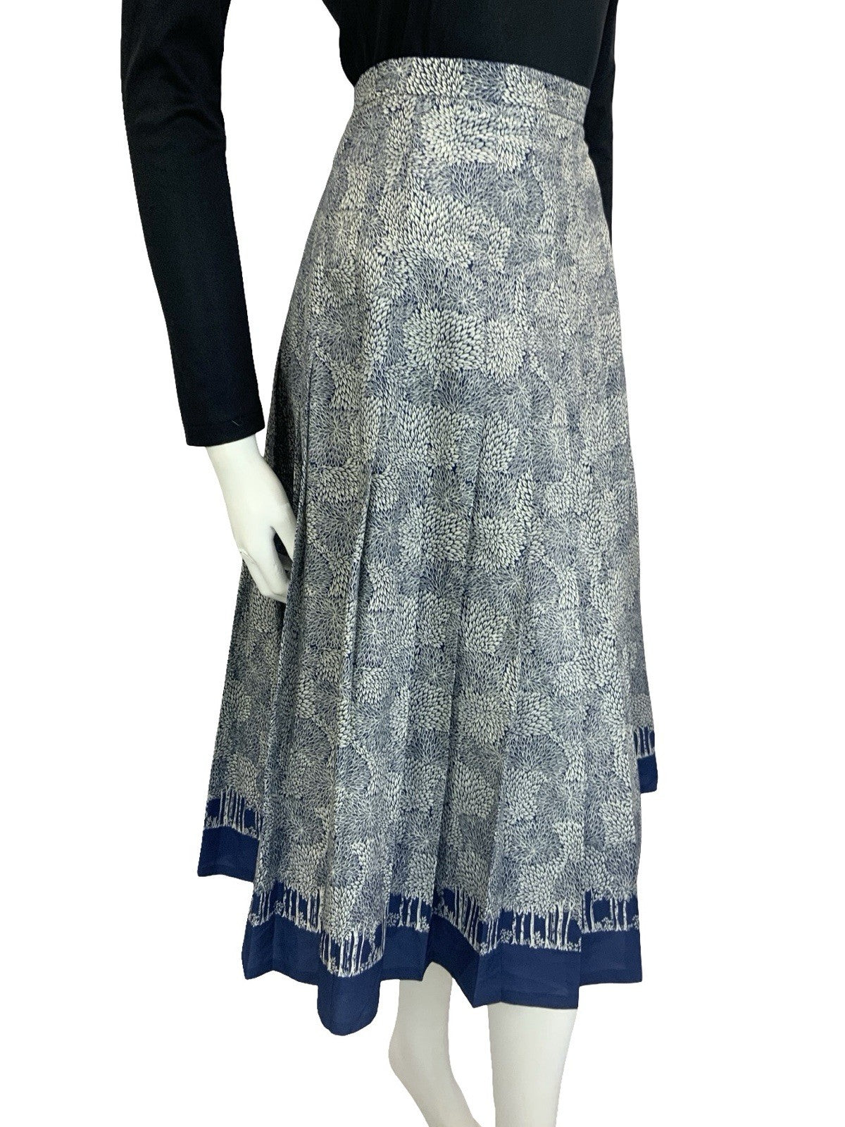 VTG 60S 70S NAVY BLUE GREY LEAFY TREE PLEATED A LINE SECRETARY MIDI SKIRT 10