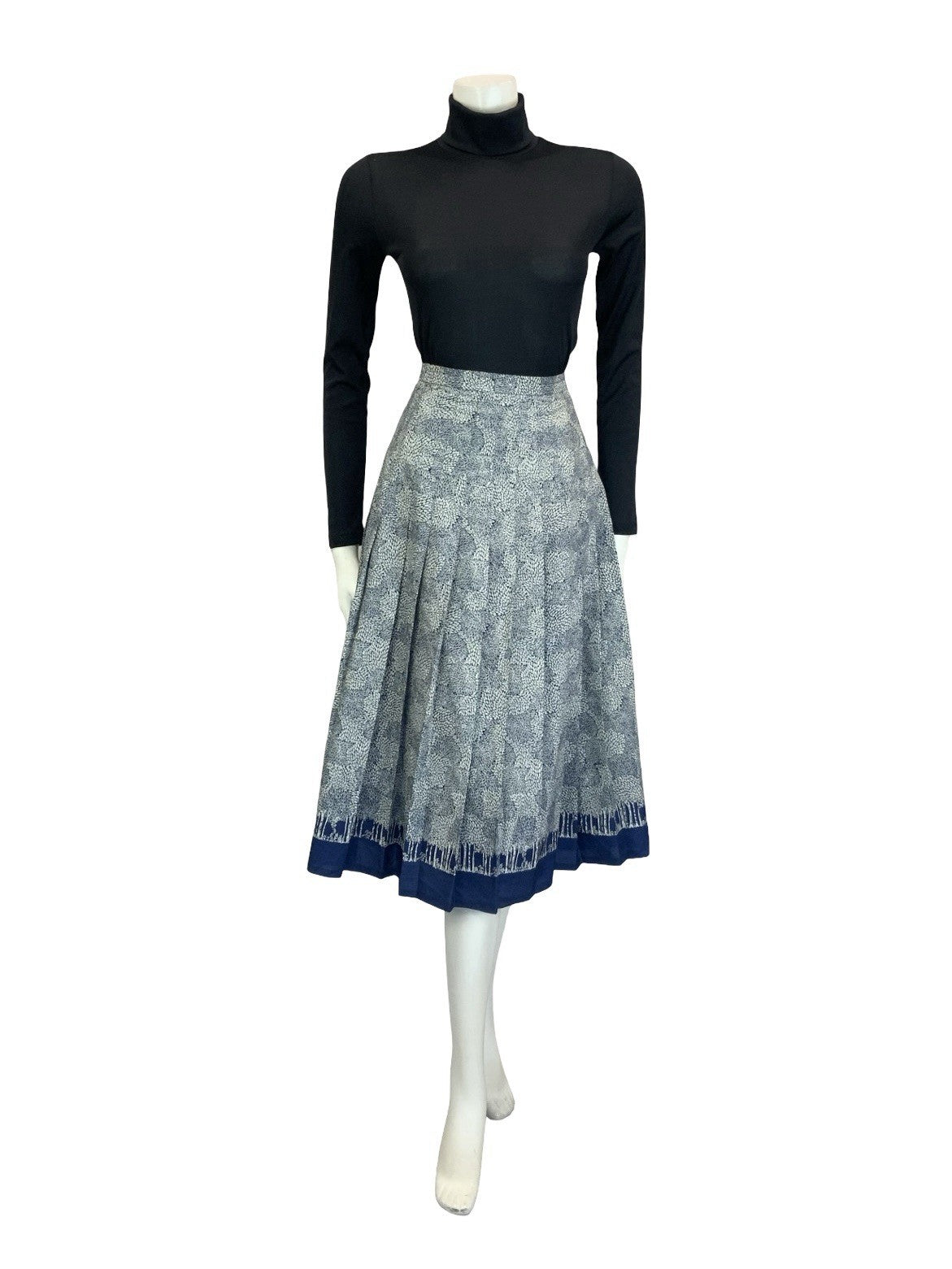 VTG 60S 70S NAVY BLUE GREY LEAFY TREE PLEATED A LINE SECRETARY MIDI SKIRT 10