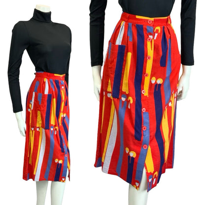 VTG 60S 70S RED BLUE YELLOW ABSTRACT SRIPE PEOPLE BUTTON DOWN MIDI SKIRT 8