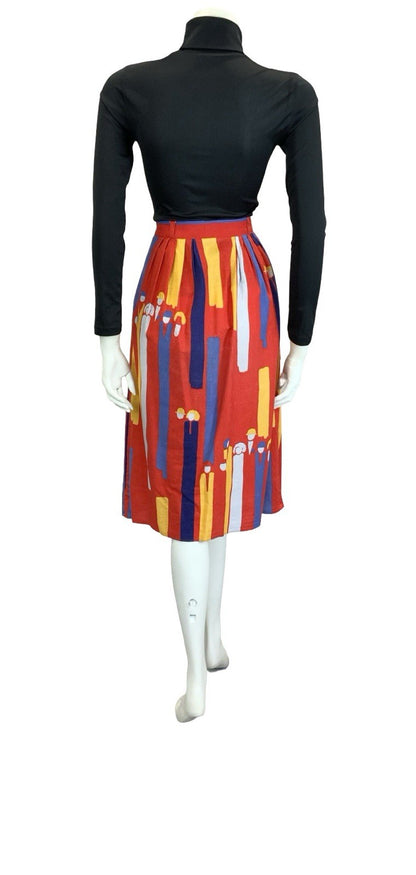 VTG 60S 70S RED BLUE YELLOW ABSTRACT SRIPE PEOPLE BUTTON DOWN MIDI SKIRT 8