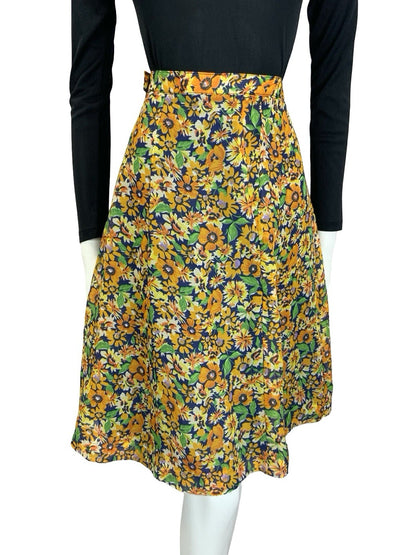 VTG 60S 70S BOHO ORANGE YELLOW NAVY BLUE FLORAL MESH FLOATY MINI SKIRT 18
