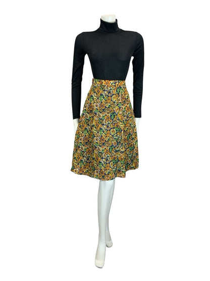 VTG 60S 70S BOHO ORANGE YELLOW NAVY BLUE FLORAL MESH FLOATY MINI SKIRT 18