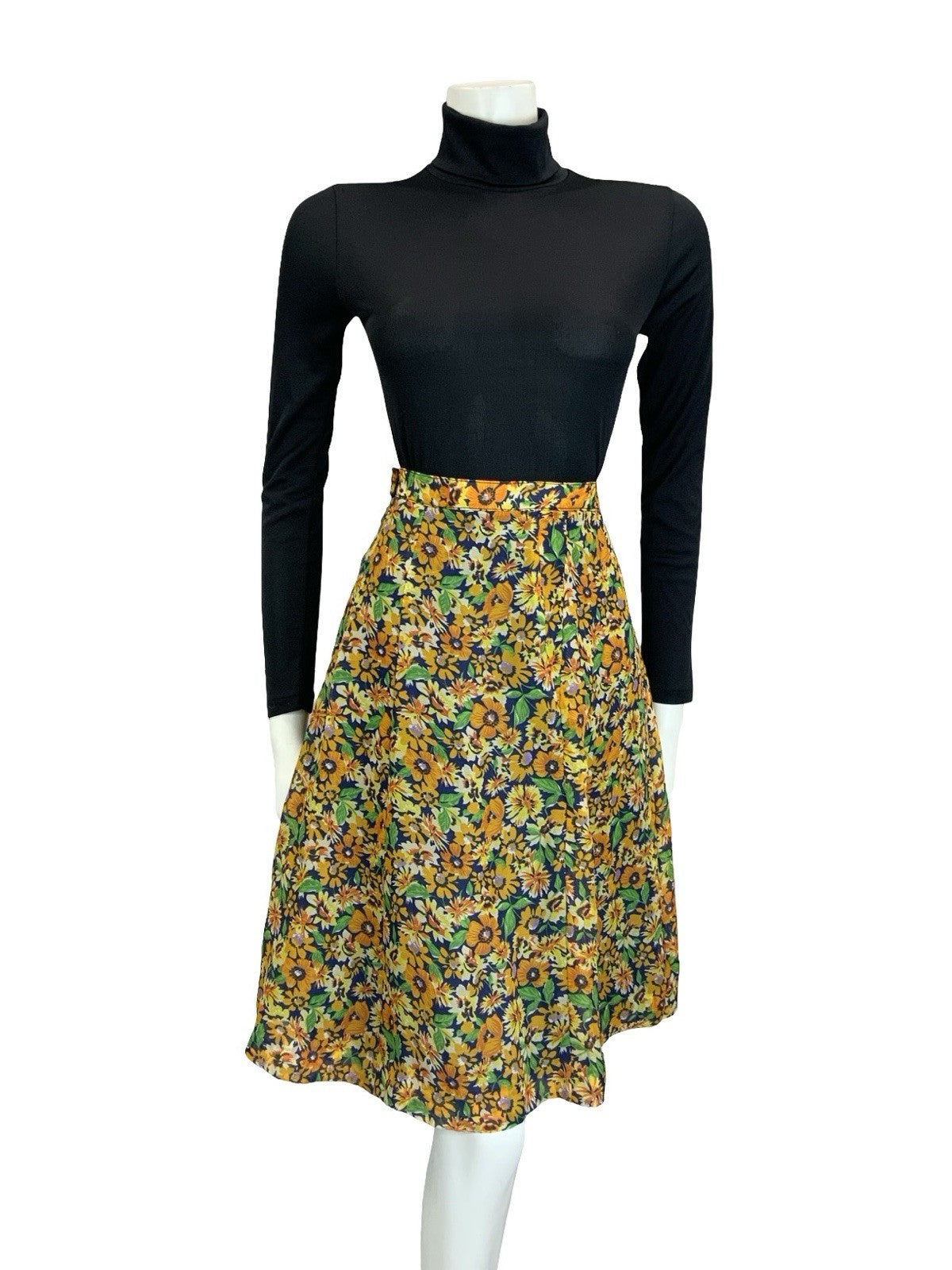 VTG 60S 70S BOHO ORANGE YELLOW NAVY BLUE FLORAL MESH FLOATY MINI SKIRT 18