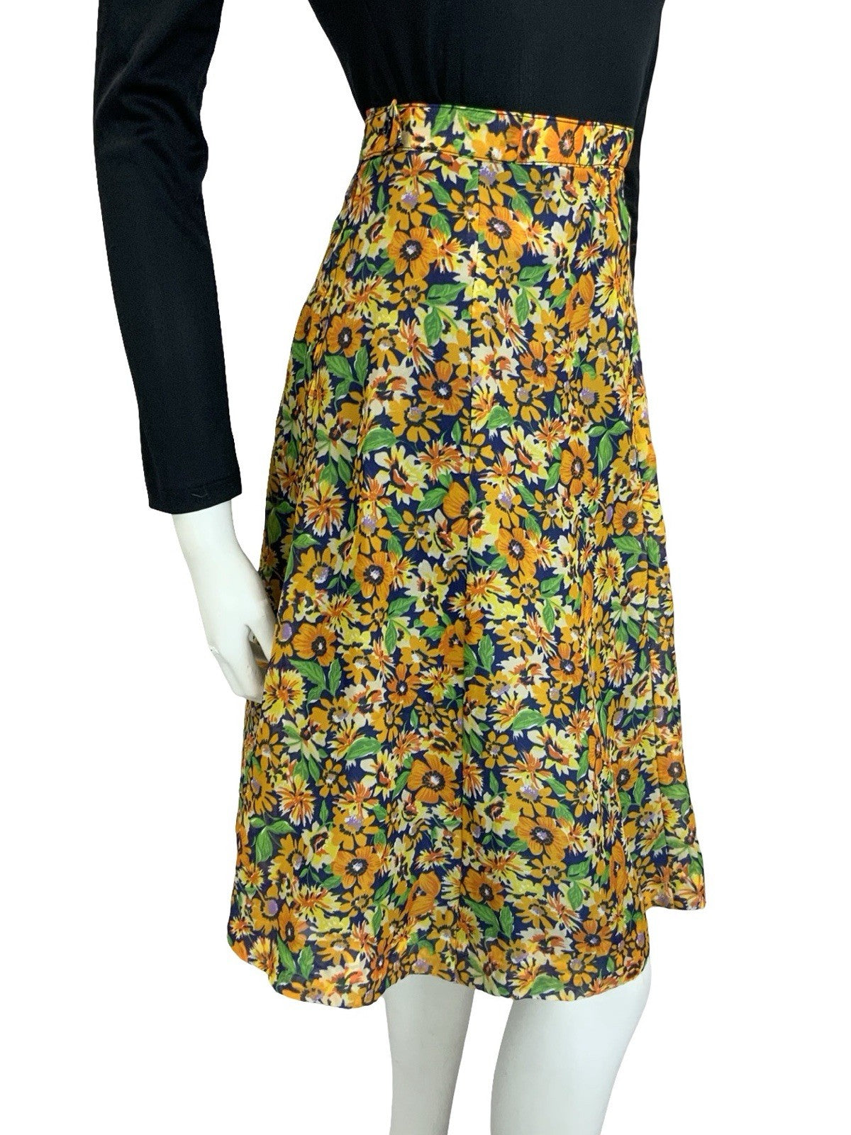 VTG 60S 70S BOHO ORANGE YELLOW NAVY BLUE FLORAL MESH FLOATY MINI SKIRT 18