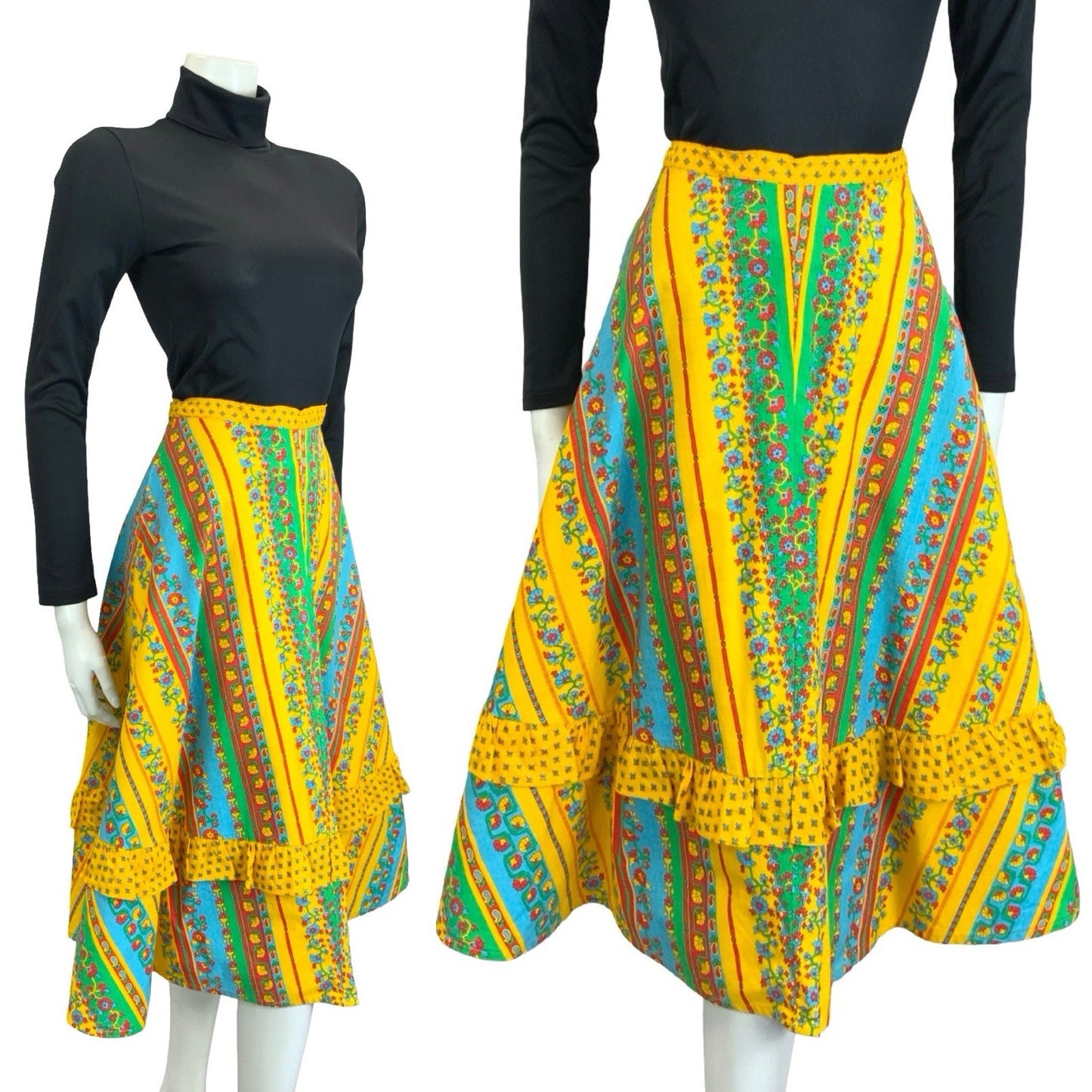 VTG 60S 70S YELLOW BLUE RED GREEN AZTEC FLORAL STRIPE RUFFLE MIDI SKIRT 8 10 S