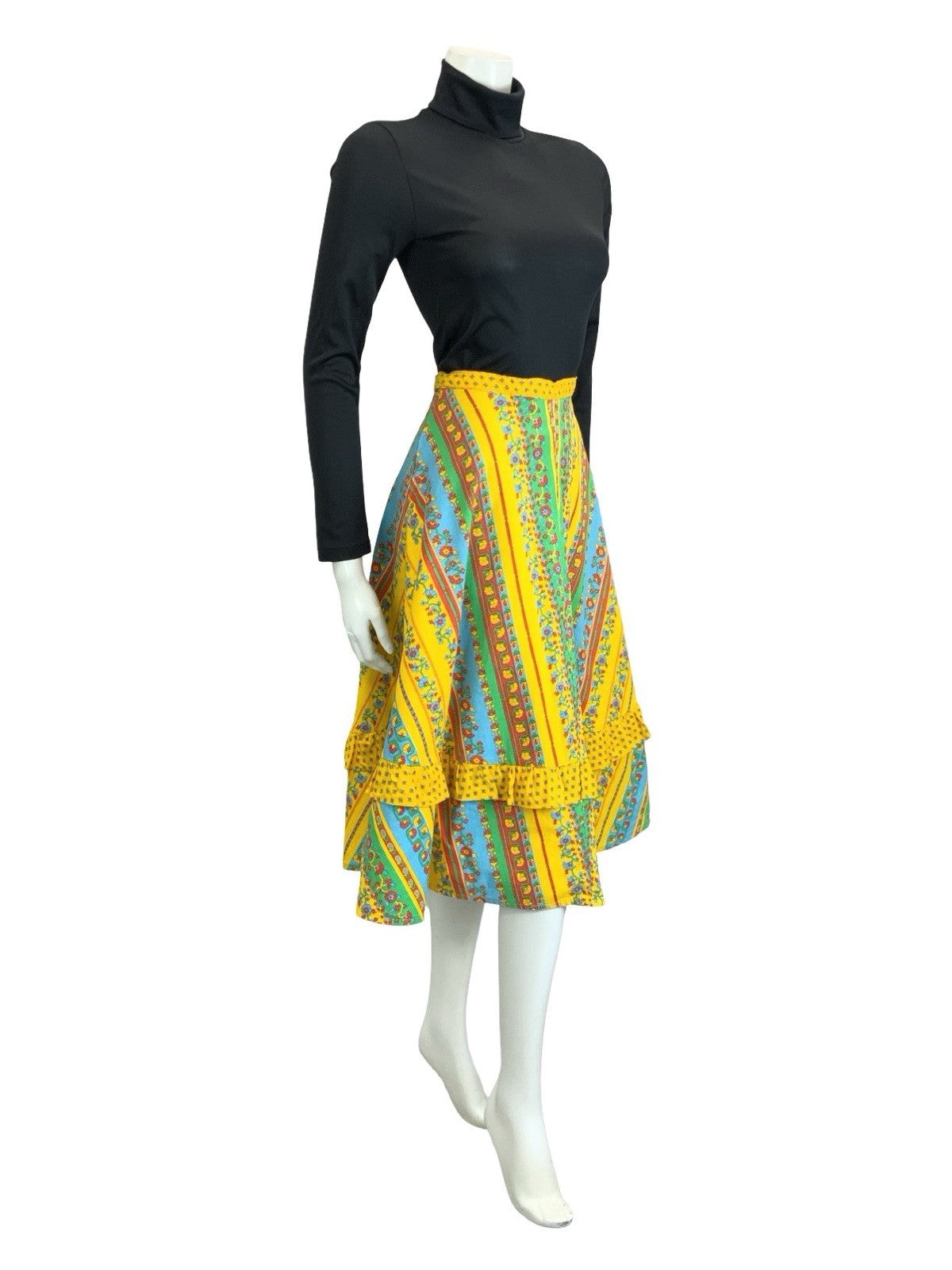 VTG 60S 70S YELLOW BLUE RED GREEN AZTEC FLORAL STRIPE RUFFLE MIDI SKIRT 8 10 S
