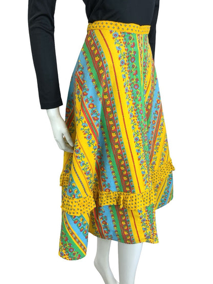 VTG 60S 70S YELLOW BLUE RED GREEN AZTEC FLORAL STRIPE RUFFLE MIDI SKIRT 8 10 S