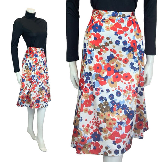 VTG 60S 70S MOD WHITE RED BLUE BROWN FLORAL A LNE MINI SKIRT 12