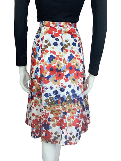 VTG 60S 70S MOD WHITE RED BLUE BROWN FLORAL A LNE MINI SKIRT 12