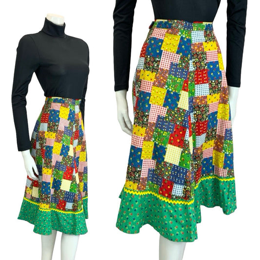 VTG 60S 70S RIC RAC PATCHWORK COTTAGE GREEN BLUE RED YELLOW RUFFLE SKIRT 8