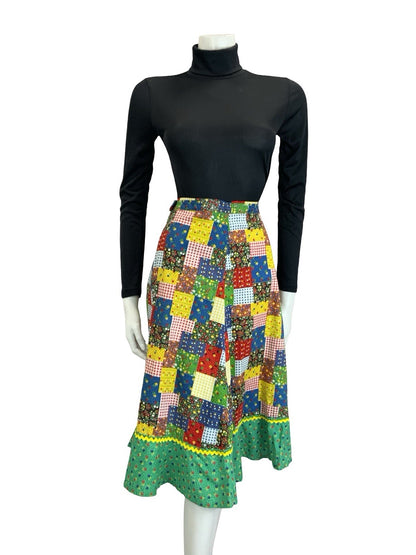 VTG 60S 70S RIC RAC PATCHWORK COTTAGE GREEN BLUE RED YELLOW RUFFLE SKIRT 8