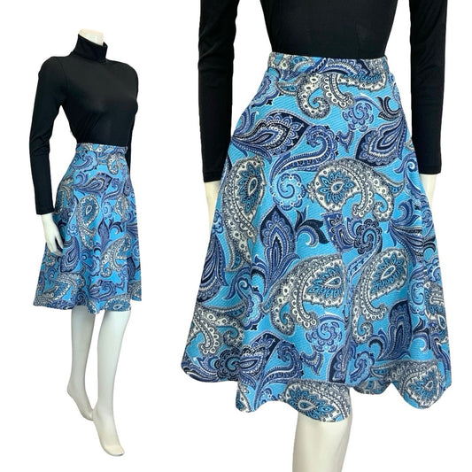 VTG 60S 70S BLUE NAVY WHITE PSYCHEDELIC PAISLEY SWIRL CIRCLE MINI SKIRT 16