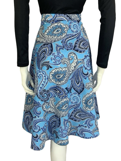 VTG 60S 70S BLUE NAVY WHITE PSYCHEDELIC PAISLEY SWIRL CIRCLE MINI SKIRT 16