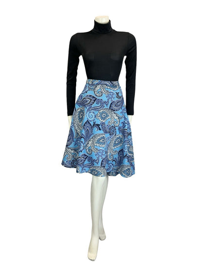 VTG 60S 70S BLUE NAVY WHITE PSYCHEDELIC PAISLEY SWIRL CIRCLE MINI SKIRT 16