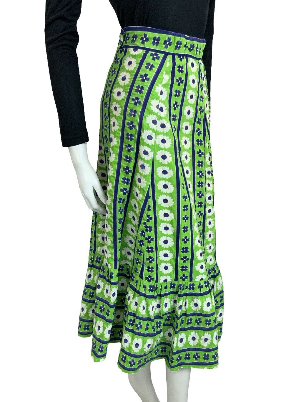 VTG 60S 70S GREEN BLUE WHITE STRIPE FLORAL BOHO RUFFLE A LINE MIDI SKIRT 6