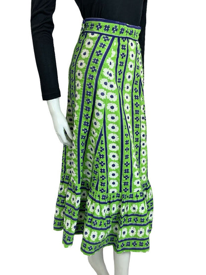 VTG 60S 70S GREEN BLUE WHITE STRIPE FLORAL BOHO RUFFLE A LINE MIDI SKIRT 6