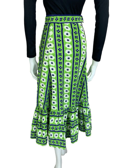 VTG 60S 70S GREEN BLUE WHITE STRIPE FLORAL BOHO RUFFLE A LINE MIDI SKIRT 6