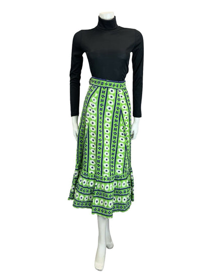 VTG 60S 70S GREEN BLUE WHITE STRIPE FLORAL BOHO RUFFLE A LINE MIDI SKIRT 6