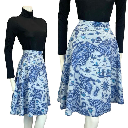 VTG 60S 70S BLUE NAVY ISLAND SHIP NAUTICAL MAP CIRCLE MINI SKIRT 8