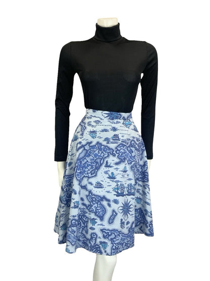 VTG 60S 70S BLUE NAVY ISLAND SHIP NAUTICAL MAP CIRCLE MINI SKIRT 8