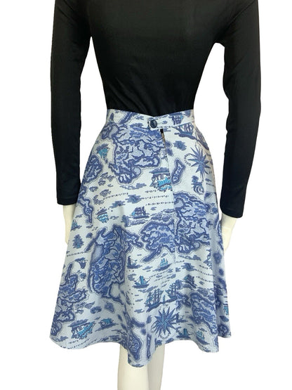 VTG 60S 70S BLUE NAVY ISLAND SHIP NAUTICAL MAP CIRCLE MINI SKIRT 8