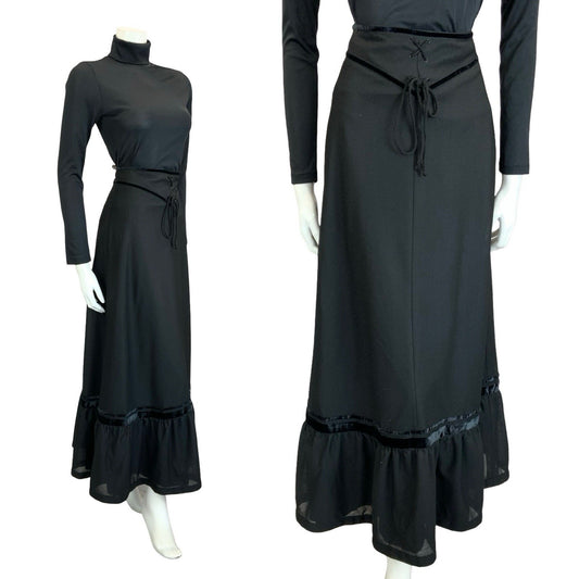 VTG 70S EDWARDIAN MEDIEVAL BLACK VELVET BASQUE WAIST RUFFLE MAXI SKIRT 4 6