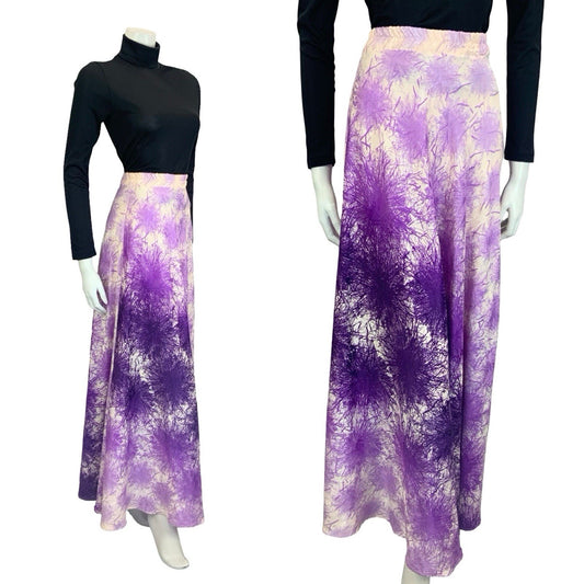 VTG 70S PURPLE CREAM PSYCHEDELIC FIREWORK SATIN MAXI SKIRT 4 6