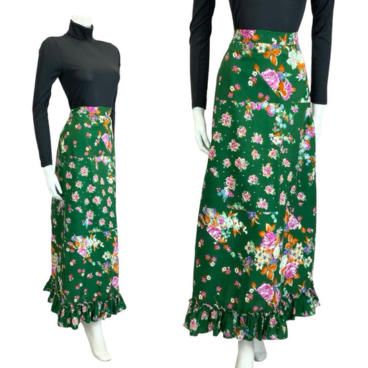 VTG 60S 70S GREEN PINK ORANGE WHITE ROSE BLOSSOM FLORAL RUFFLE MAXI SKIRT 14 16