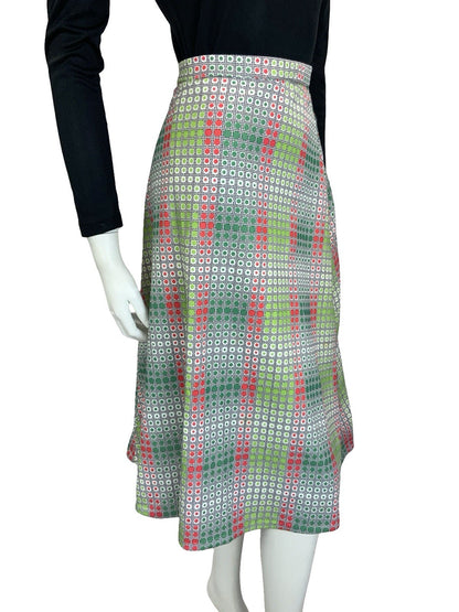 VTG 60S 70S GREEN RED WHITE BLACK OP ART GEOMETRIC DOTTY A LINE MIDI SKIRT 10