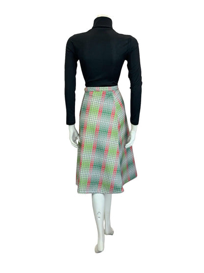 VTG 60S 70S GREEN RED WHITE BLACK OP ART GEOMETRIC DOTTY A LINE MIDI SKIRT 10