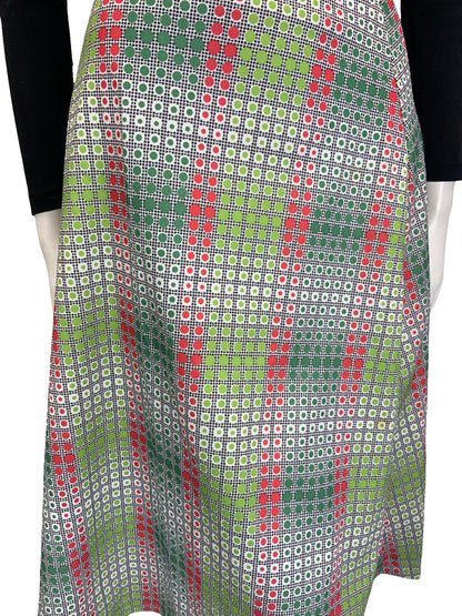 VTG 60S 70S GREEN RED WHITE BLACK OP ART GEOMETRIC DOTTY A LINE MIDI SKIRT 10