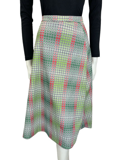 VTG 60S 70S GREEN RED WHITE BLACK OP ART GEOMETRIC DOTTY A LINE MIDI SKIRT 10