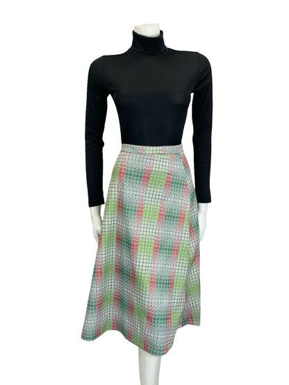 VTG 60S 70S GREEN RED WHITE BLACK OP ART GEOMETRIC DOTTY A LINE MIDI SKIRT 10