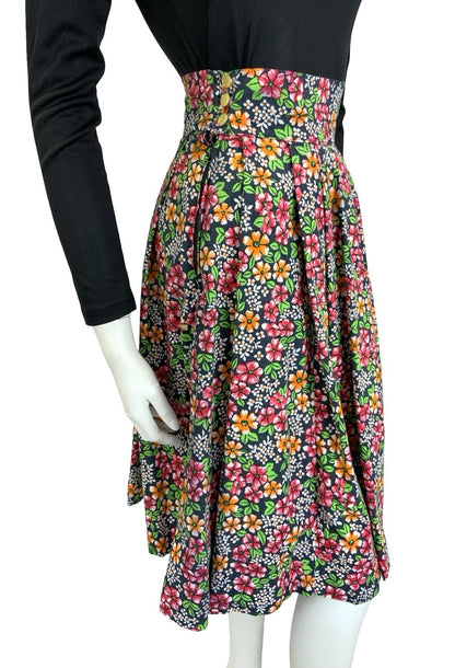 VTG 60S 70S BLACK RED ORANGE GREEN WHITE FLORAL COTTON SWING MIDI SKIRT 4