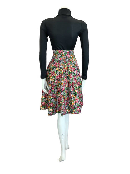 VTG 60S 70S BLACK RED ORANGE GREEN WHITE FLORAL COTTON SWING MIDI SKIRT 4