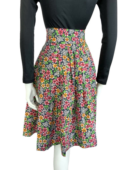 VTG 60S 70S BLACK RED ORANGE GREEN WHITE FLORAL COTTON SWING MIDI SKIRT 4