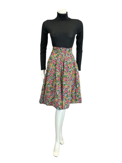 VTG 60S 70S BLACK RED ORANGE GREEN WHITE FLORAL COTTON SWING MIDI SKIRT 4