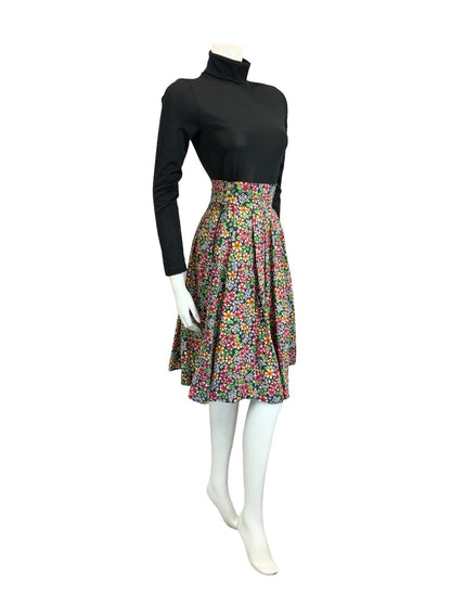 VTG 60S 70S BLACK RED ORANGE GREEN WHITE FLORAL COTTON SWING MIDI SKIRT 4
