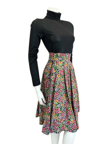 VTG 60S 70S BLACK RED ORANGE GREEN WHITE FLORAL COTTON SWING MIDI SKIRT 4