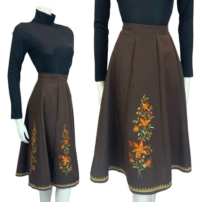 VTG 60S 70S BROWN ORANGE GOLD GREEN FOLK BOHO FLORAL EMBROIDERED CIRCLE SKIRT 8
