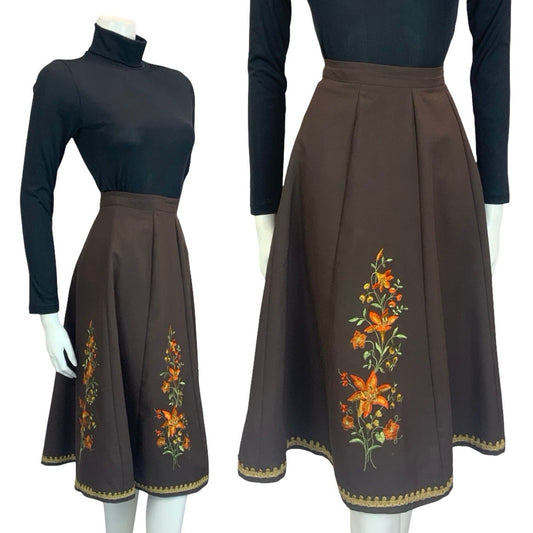 VTG 60S 70S BROWN ORANGE GOLD GREEN FOLK BOHO FLORAL EMBROIDERED CIRCLE SKIRT 8