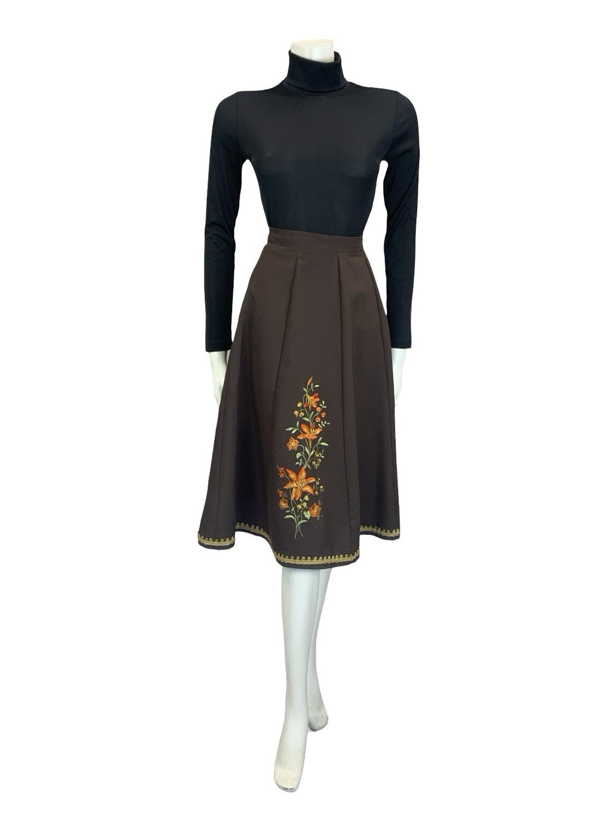 VTG 60S 70S BROWN ORANGE GOLD GREEN FOLK BOHO FLORAL EMBROIDERED CIRCLE SKIRT 8