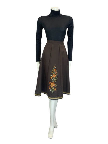 VTG 60S 70S BROWN ORANGE GOLD GREEN FOLK BOHO FLORAL EMBROIDERED CIRCLE SKIRT 8