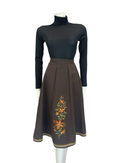 VTG 60S 70S BROWN ORANGE GOLD GREEN FOLK BOHO FLORAL EMBROIDERED CIRCLE SKIRT 8