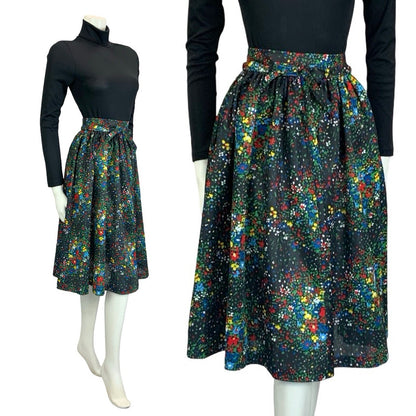 VTG 60S 70S BLACK RED BLUE GREEN YELLOW FLORAL DOTTY TIE WAIST SWING SKIRT XS 6