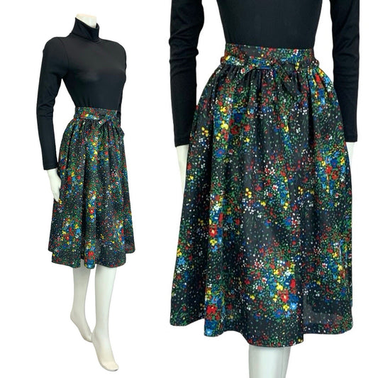VTG 60S 70S BLACK RED BLUE GREEN YELLOW FLORAL DOTTY TIE WAIST SWING SKIRT XS 6